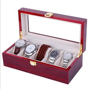 Luxury 5 Watch slot Red Wooden Jewelry Box w/Glass